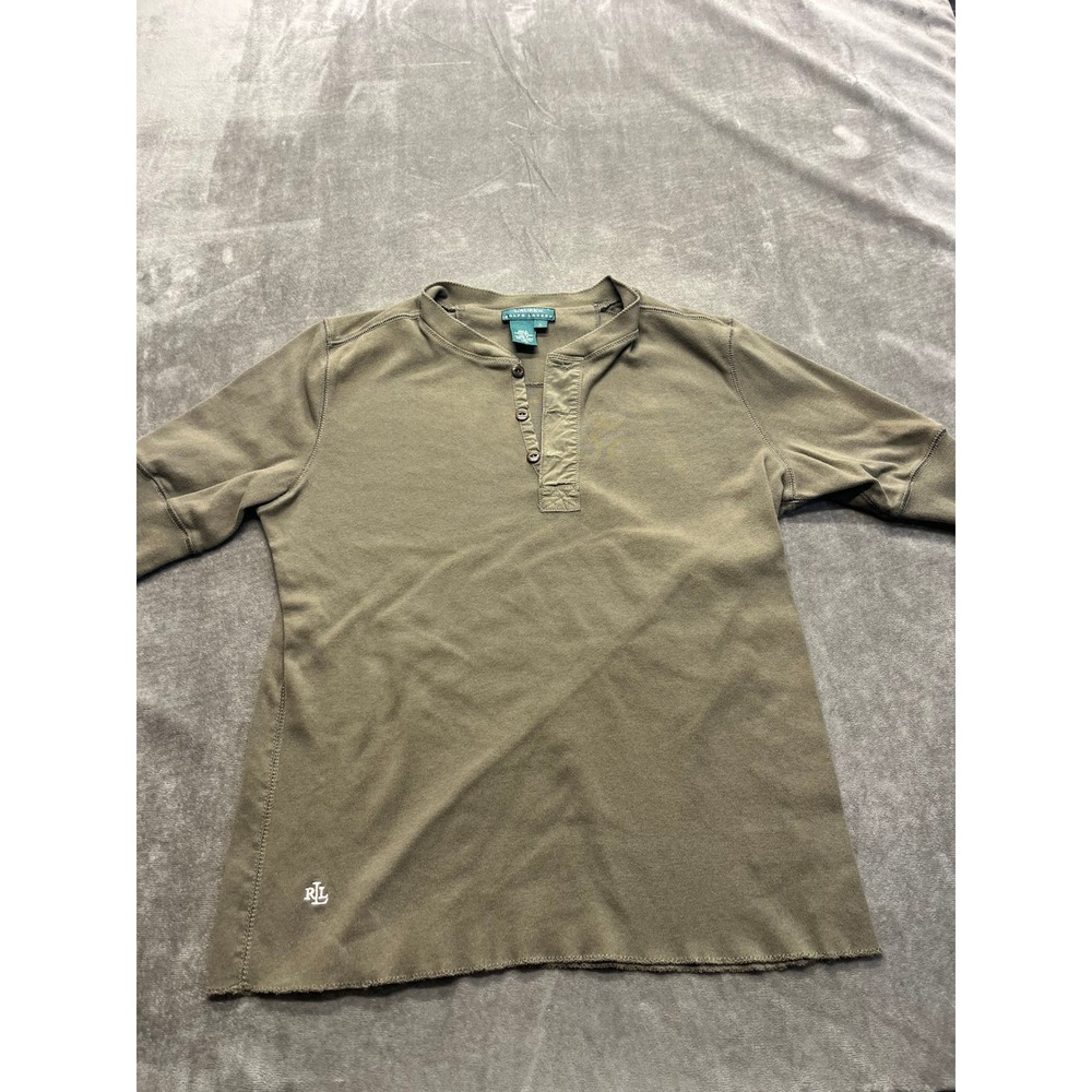 Lauren Ralph Lauren Womens Olive Green Ribbed Cotton Henley Top Size L